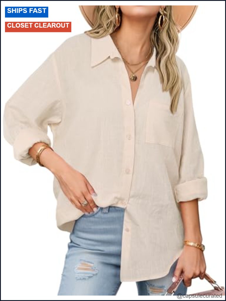 Women's Cotton Button Down Shirt Long Sleeve Casual Blouse